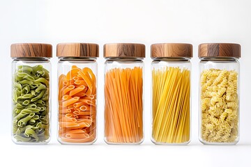 Four glass jars with wooden screw-top lids, each filled with different types of pasta.