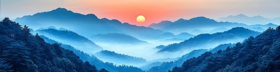 Obraz premium Panoramic view of misty landscape covering mountains in Thailand