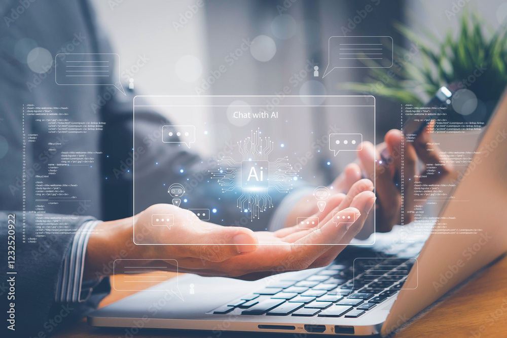 Poster ai artificial intelligence. business woman using ai technology for data analysis, coding computer la