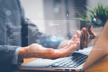 AI Artificial Intelligence. Business woman using AI technology for data analysis, coding computer language with digital brain, machine learning on virtual screen, business intelligence