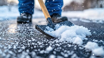 Person shoveling snow on icy pavement, winter scene
