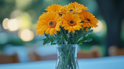 A festive bouquet of vibrant orange calendula flowers arranged in a clear glass vase