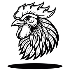 Majestic Rooster Head in Black and White. Animal Vector Graphic Art Illustration