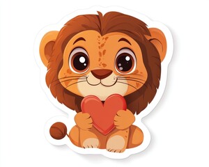 Fototapeta premium Cute lion cub holding heart; white background; Valentine's Day card (1)