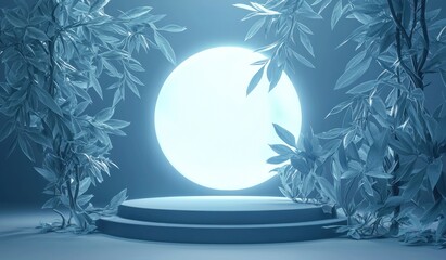 Futuristic display podiums with glowing lights, surrounded by natural elements like clouds and leaves, in elegant pastel tones.