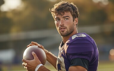 Fototapeta premium Gridiron Glory: A young quarterback prepares for the ultimate throw, his eyes focused on the target, a moment of intense concentration before the game's drama unfolds.