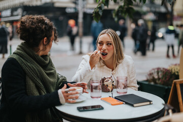 Fototapeta premium Two women share a conversation at an outdoor cafe, enjoying beverages and dessert in a relaxed city environment, creating a warm and friendly ambiance.