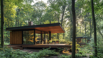 Naklejka premium Forest Cabin With Glass Walls And Wood Deck Surrounded By Trees And Lush Foliage