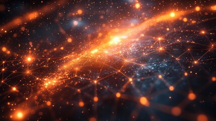 Obraz premium Abstract glowing digital web with orange-red lines and bright pulsating nodes. Generative AI