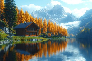 Fototapeta premium At sunrise, Lago di Federa is framed by autumn hues and bright orange larches, set in the Dolomite Alps near Cortina D'Ampezzo, South Tyrol, Italy