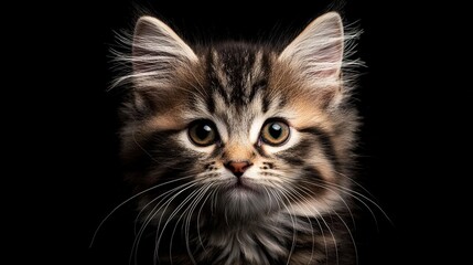 Obraz premium Fluffy kitten gazing curiously indoor setting cute animal portrait dark background close-up adorable concept