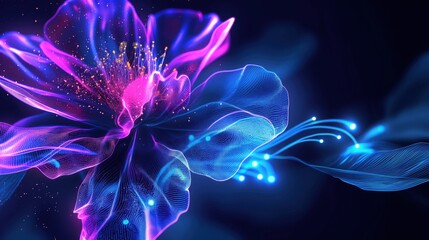 Digital neon flower. Futuristic wireframe glowing blossom on black background. Abstract cyber hologram of plant. Fantasy and technology blend in a stunning visual