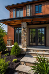 Obraz premium Modern Stone and Wood House Exterior: Contemporary Home Design and Architecture