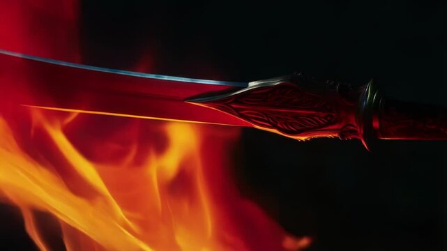 Red hot flames intensely engulfing ornate katana sword, creating powerful dramatic scene against deep black backdrop, highlighting weapon's legendary warrior heritage