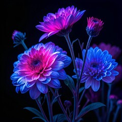 Obraz premium A striking close-up of glowing neon flowers under UV light, featuring deep blue, electric pink, and purple hues, creating a futuristic, cyberpunk-inspired aesthetic with a black background