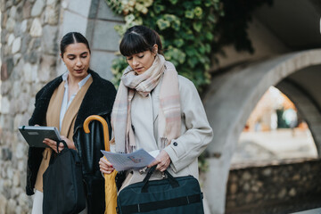 Two businesswomen engage in discussion, reviewing a document and walking by an outdoor pathway. This image captures a professional and collaborative setting, showcasing teamwork, togetherness, and