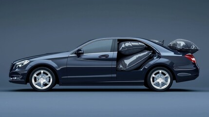 Luxury sedan with airbags for safety demonstration in studio setting