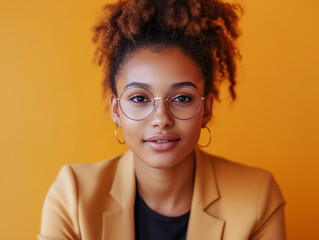  Smiling young African American woman with glasses.
