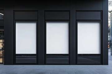 Three blank white storefront windows on a black building exterior.
