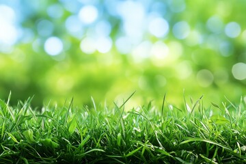 Fresh green grass with blurred background of sunlight filtering through trees during a sunny day