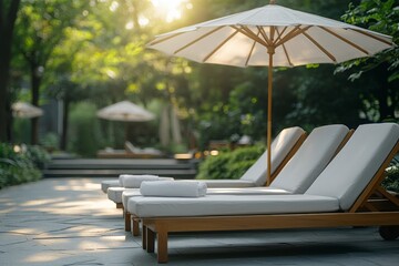 Relaxing sun loungers await guests in a tranquil garden setting during golden hour