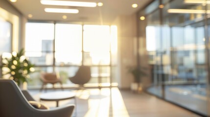 Blurred office interior background. Empty light open space office with big windows, many glasses walls, desks, chairs and green plants. Modern indoor business environment