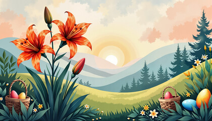 Fototapeta premium Vibrant Easter lilies blooming in scenic landscape at sunrise, spring celebration, watercolor style