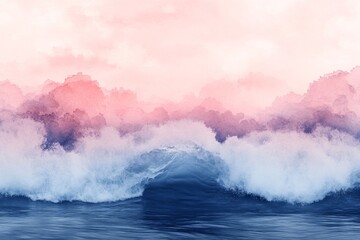 Fototapeta premium Waves crashing against the shore at sunset with a vibrant pink sky reflecting on the water