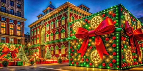 Obraz premium Architectural Christmas: Buildings transformed into giant gift boxes and ornaments.