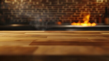 Fire cooks on a grill while steam rises from a wooden countertop in a modern kitchen setting