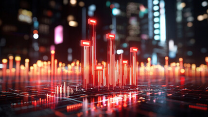 Abstract digital landscape featuring glowing red bars representing data analytics and technology in a futuristic cityscape