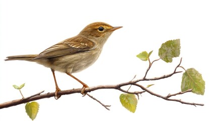 Obraz premium Bird perched on branch, spring leaves, white background, nature illustration
