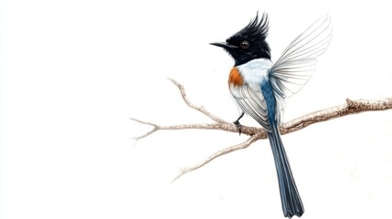 Fototapeta premium Bird perched on branch, wings spread, white background, nature illustration, wildlife art
