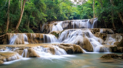 Naklejka premium Tropical waterfall cascades through lush jungle, serene nature scene, travel tourism