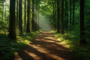 Fototapeta premium A serene forest path with sunlight filtering through the trees, casting dappled shadows on the ground, creating a peaceful woodland scene