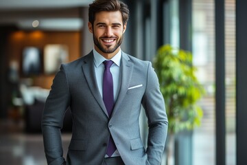 Fototapeta premium Smiling man in a gray suit and purple tie stands confidently in a modern office interior with large windows