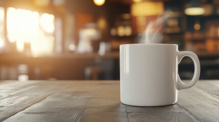 Fototapeta premium A cozy coffee mug emits steam, placed on a rustic table in a warm, inviting cafe atmosphere.