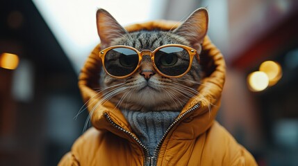 Stylish cat wearing sunglasses and a hooded jacket amidst a city backdrop on a cloudy day. Generative AI