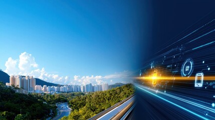 Futuristic urban roadway with a glowing updating progress bar symbolizing technological advancements infrastructure development and the dynamic pace of modern progress and innovation in the city