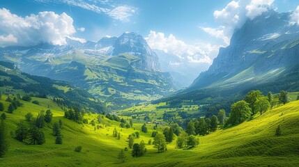 Naklejka premium The Enchanting Allure of the Lush Green Valleys in the Swiss Alps during Summer