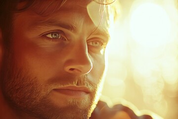 Warm sunlight casts a golden hue on a man deep in thought during a serene moment in nature