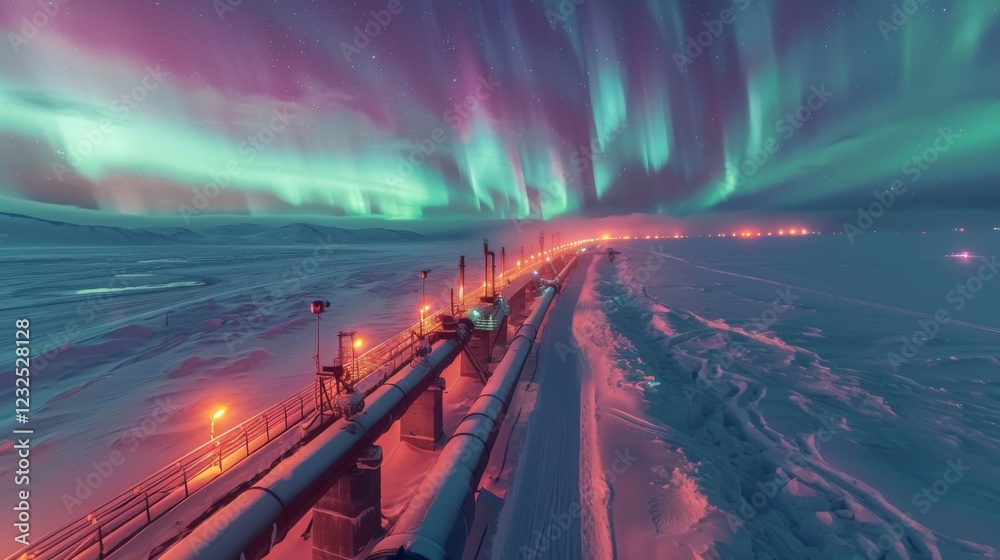Aufkleber vibrant colors of the aurora borealis dance over a snowy landscape with pipes and lights lining the 