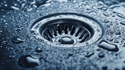 Close-up of a Stainless Steel Kitchen Sink Drain with Water Droplets