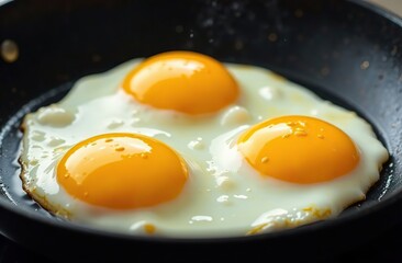 Three fried eggs sizzling in a pan with oil, steam rising.