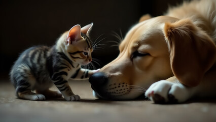 A small kitten touches the nose of an adult dog with its paw. The curious kitten series.