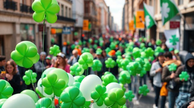 Clover balloons on Saint Patrick's Day festival. Shamrock shaped decorations in the city street