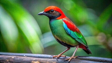 Bangkok's low light reveals a vibrant green-hooded Pitta, its red tail a striking contrast, perched on wood.