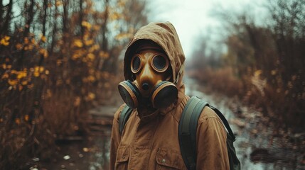 Man in Gas Mask Walking Through Foggy Overgrown Landscape