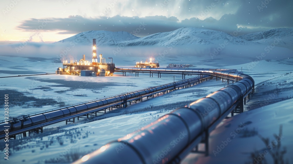 Poster an oil rig is active in a snowy area, illuminated by warm lights as dusk settles in. long pipelines 