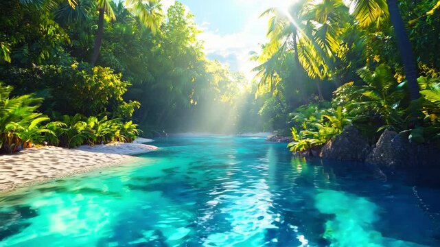 Tropical Paradise Lagoon with Crystal Clear Water and Lush Greenery - made with Generative AI